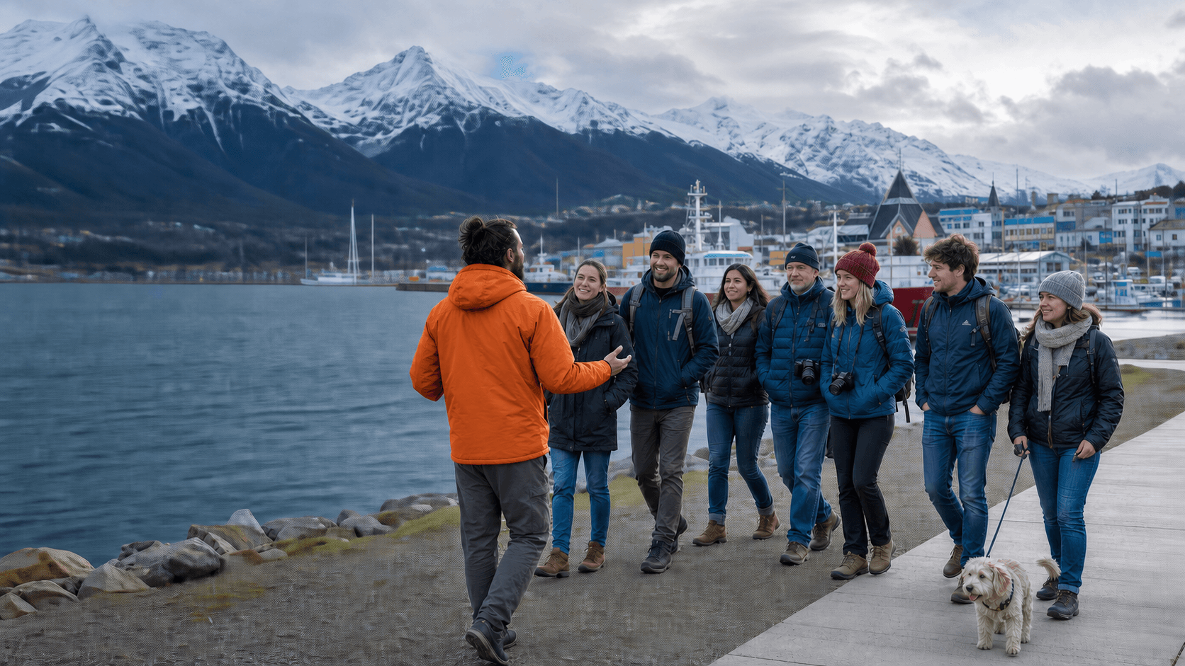Guía con abrigo naranja recibiendo viajeros en Ushuaia